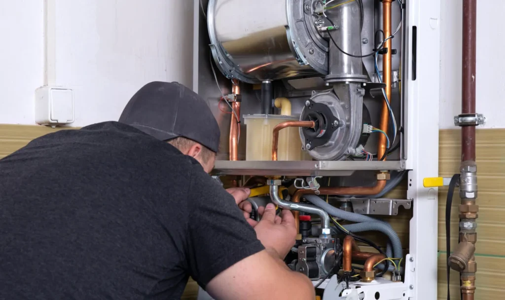 Tankless unit checked during hot water heater troubleshooting in a Sacramento home