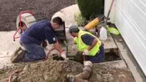 Sewer line maintenance work on a Sacramento main sewer line